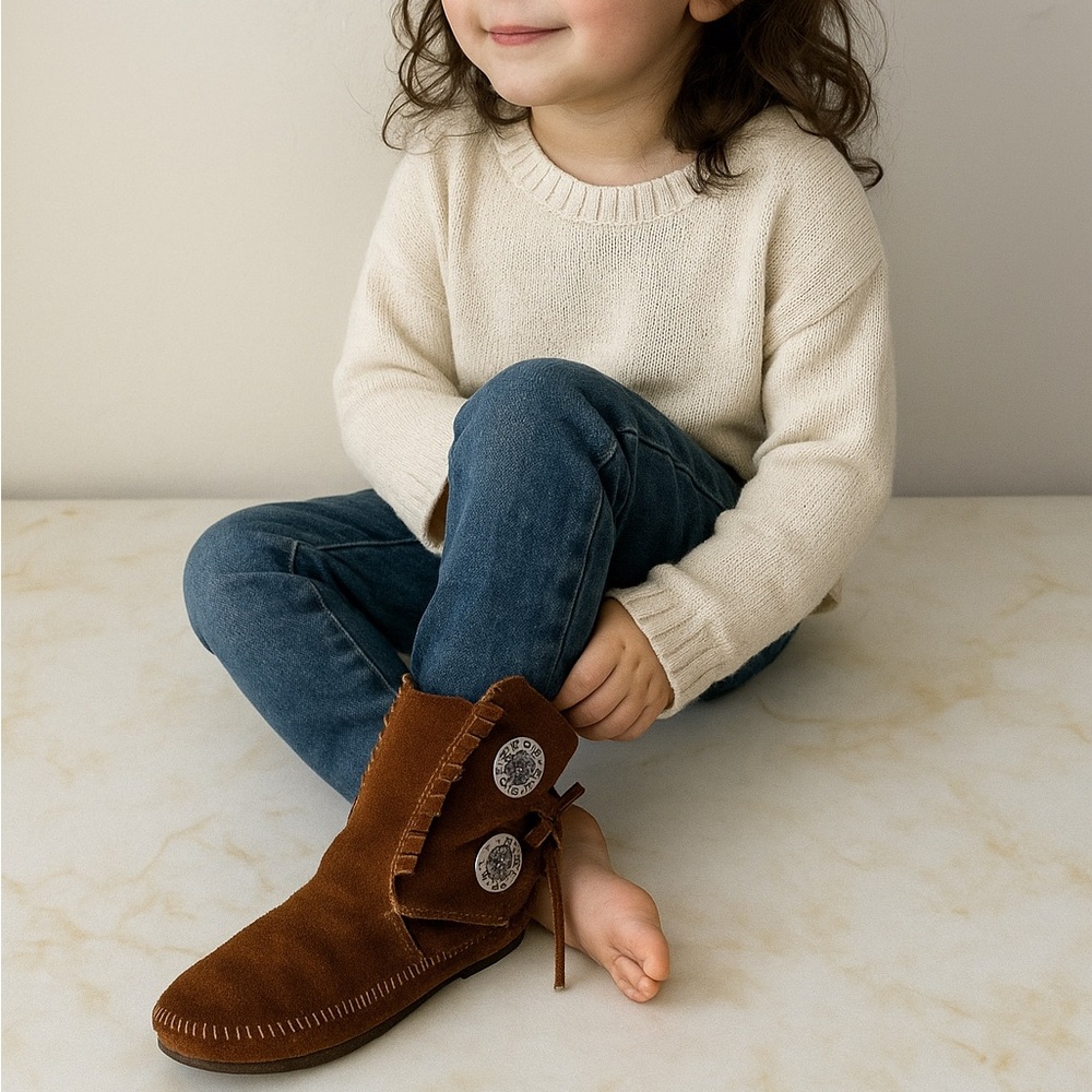 Cozy Minnetonka brown mid-bootie with fringe